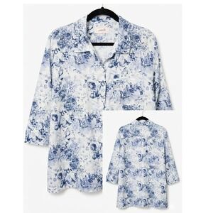 Papinelle Women Toile De Jouy Crop PJ Top Blue White Floral Button Front Large